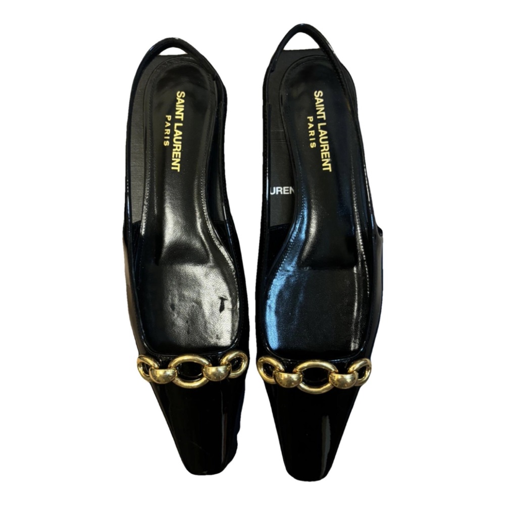 Saint Laurent Black Patent Leather Slingbacks with Gold Chain
